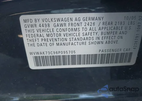 2006 Volkswagen Passat 2.0T из США, поврежденный, VIN WVWAK73C96P095705